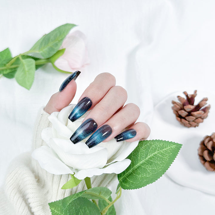 Cat Eye Coffin Press on Nails Blue Long ED-A9152