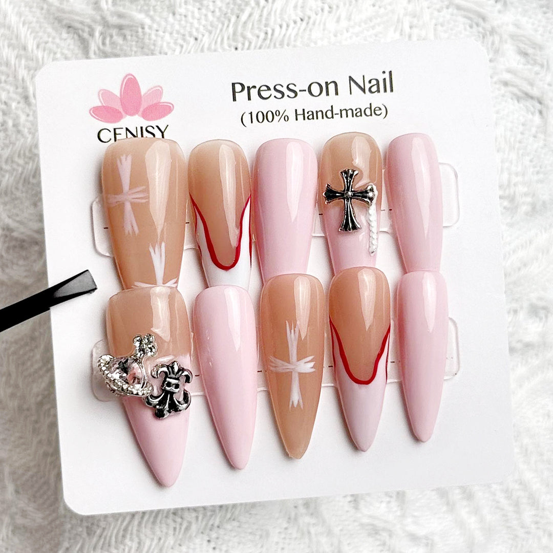 Pink & White Almond Long Hand Painted Gothic Style Press on Nails Kit ED-B4125