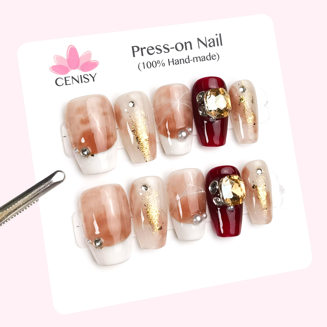 Pink Amber With Diamonds French Tip Coffin Medium ED-B4190