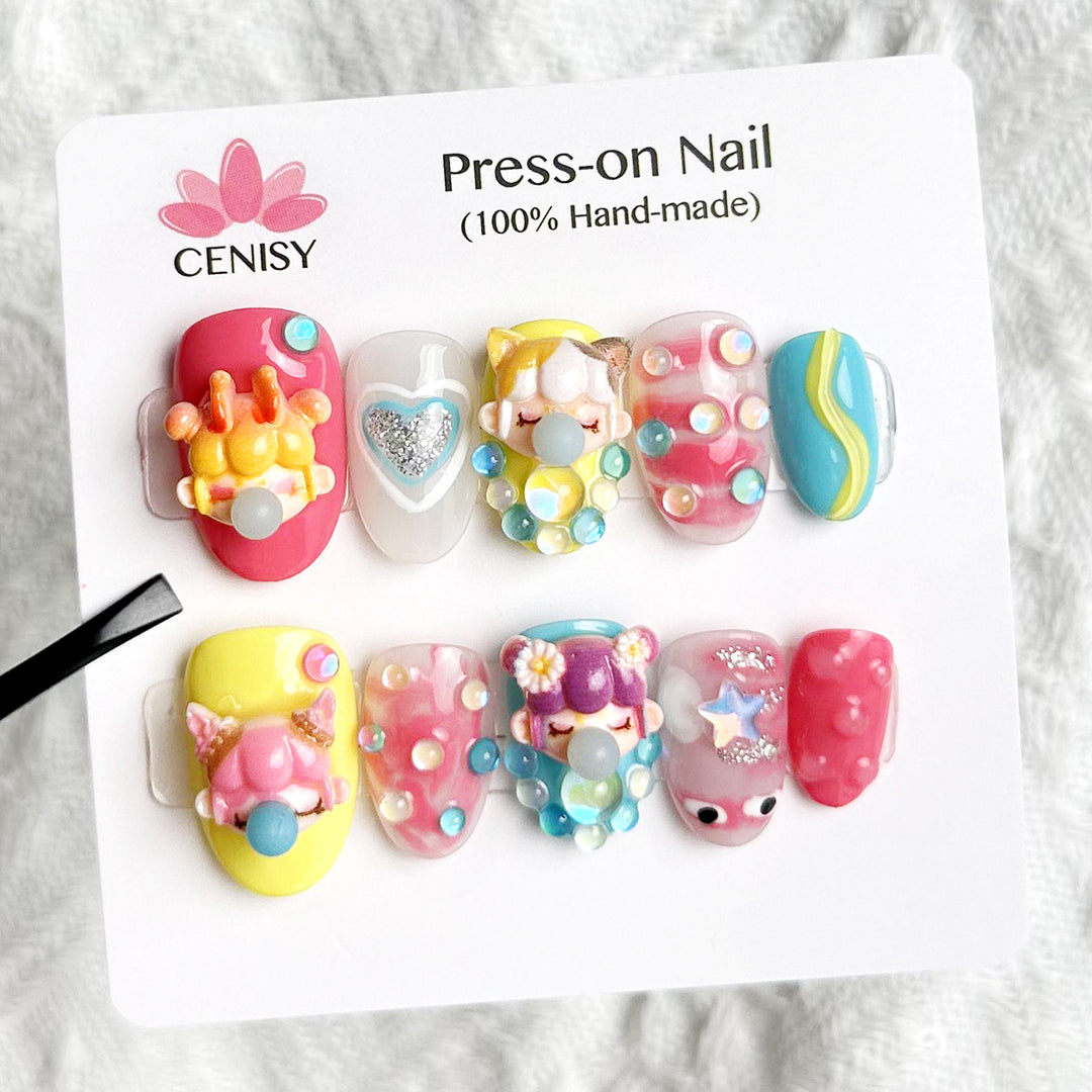 Cute Kid Blowing Bubbles Oval Short Color Jumping Press on Nails Kit ED-B4374