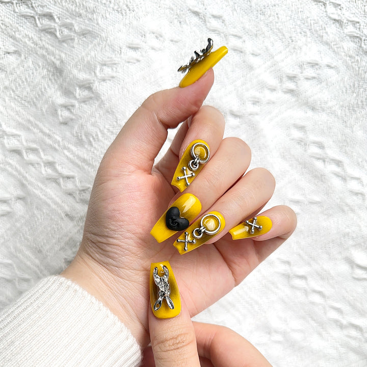 Yellow Rabbit Hand Painted Coffin Long Gothic Style Press on Nails Kit ED-B4378