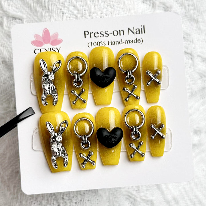 Yellow Rabbit Hand Painted Coffin Long Gothic Style Press on Nails Kit ED-B4378