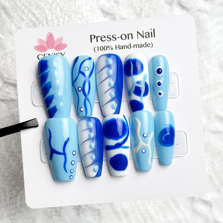 Blue Hand Painted Coffin Long Easter Press on Nails Kit ED-B4392