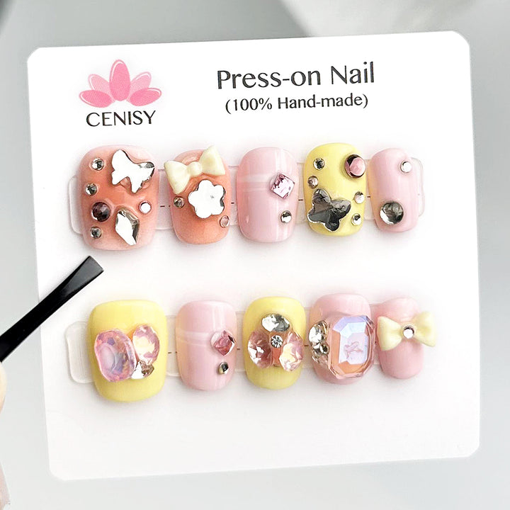 Cream Squoval Short Color Jumping Nail Art With Diamonds Cute Press on Nails Kit ED-B4403