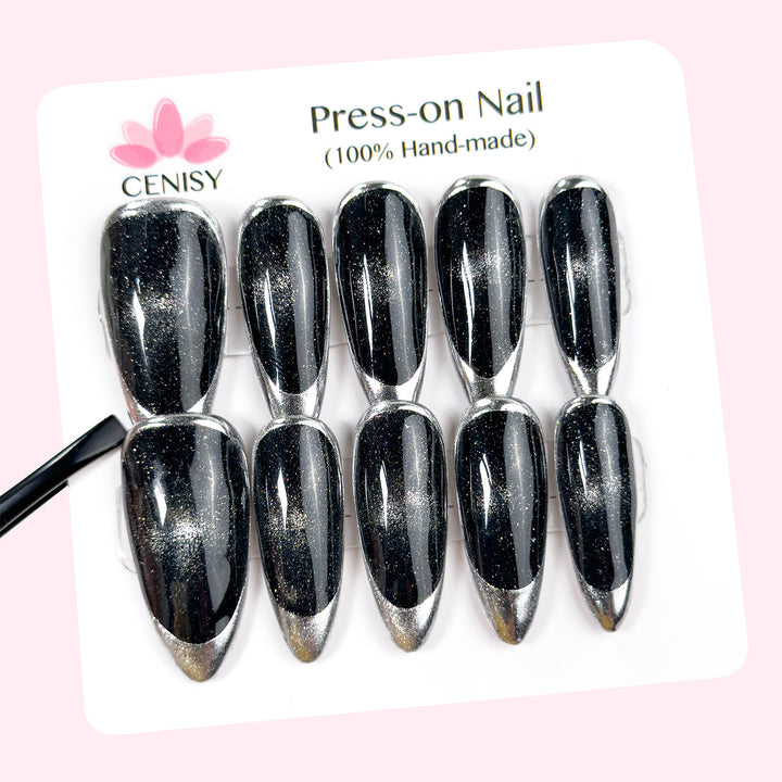 Black With Silver French Tip Cat Eye Almond Long ED-B4445