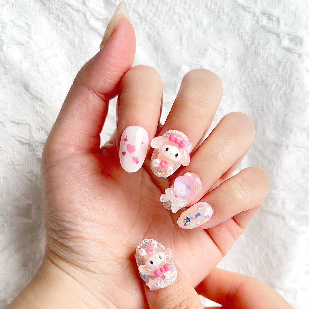 Pink Rabbit Glitterly Almond Medium Hand Painted Cute Press on Nails Kit ED-B4479