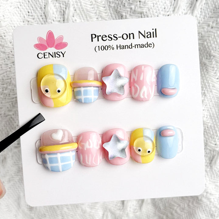 Oval Medium Color Jumping Nails With Colorful Bears Hand Painted Cute Press on Nails Kit ED-B4486