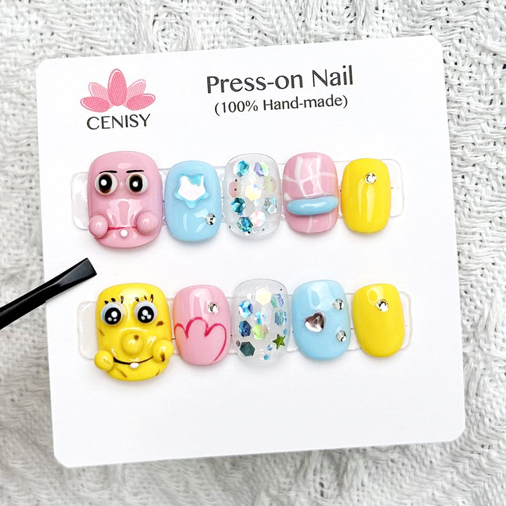 Ocean Cute Cartoon Squoval Short Color Jumping Press on Nails Kit ED-B4499