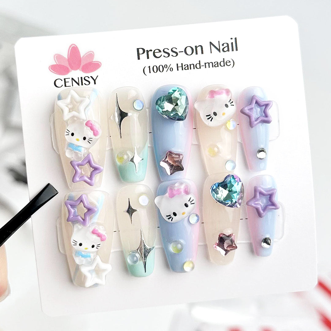 Manga Cats Coffin Long Hand Painted Gradient Color Jumping Cute Nail Art Press on Nails Kit ED-B4591