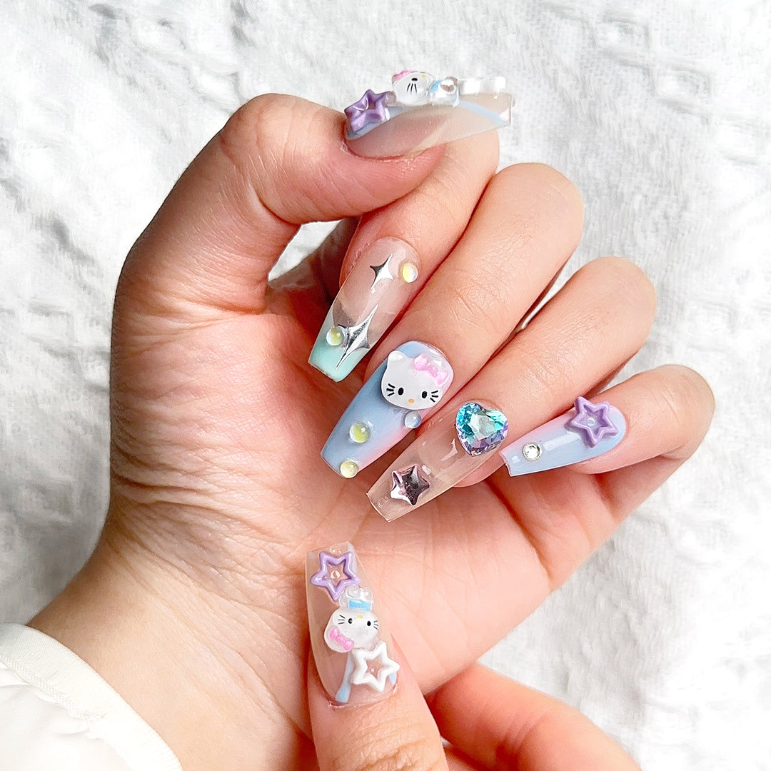 Manga Cats Coffin Long Hand Painted Gradient Color Jumping Cute Nail Art Press on Nails Kit ED-B4591