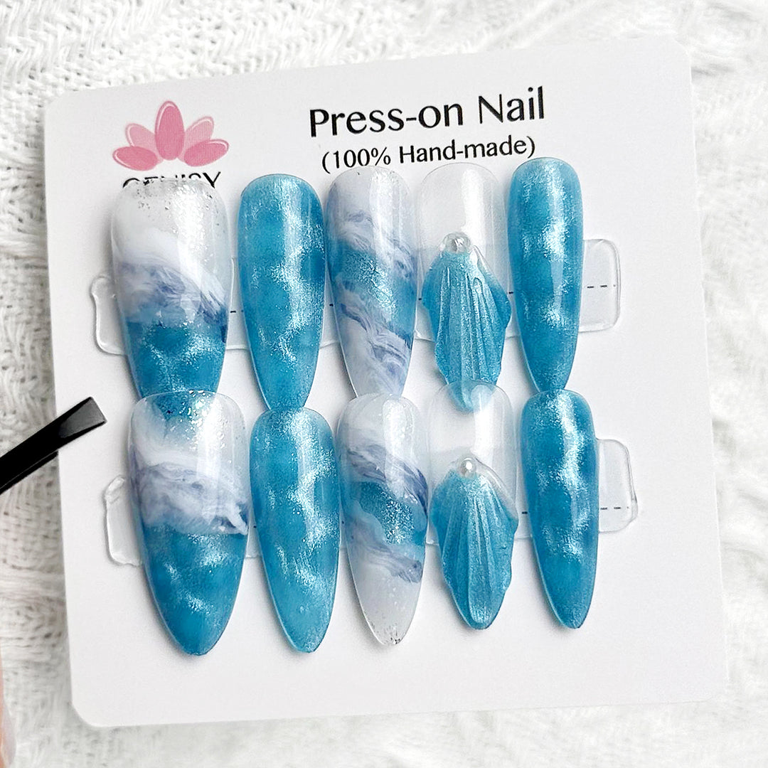 The Blue Ocean Hand Painted Almond Long Easter Press on Nails Kit ED-B4693