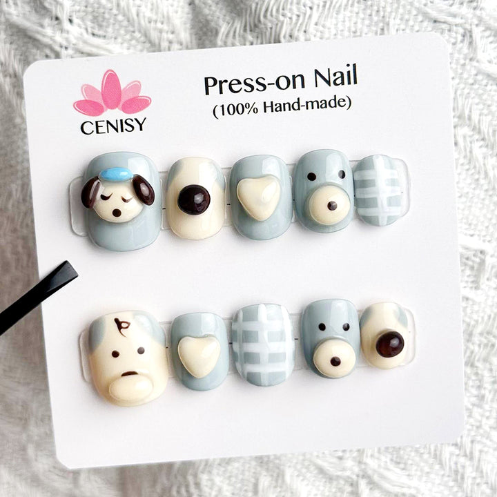 Hand Painted Brundle Dogs Oval Short Nail Art Cute Press on Nails Kit ED-B4599