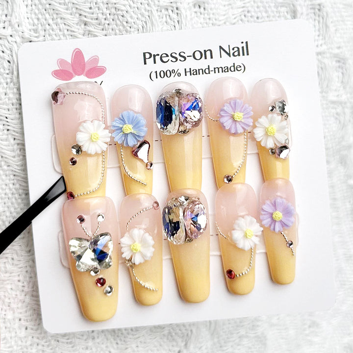 Pink to Yellow Gradient With Flowers Coffin Long Press on Nails Kit ED-B4948