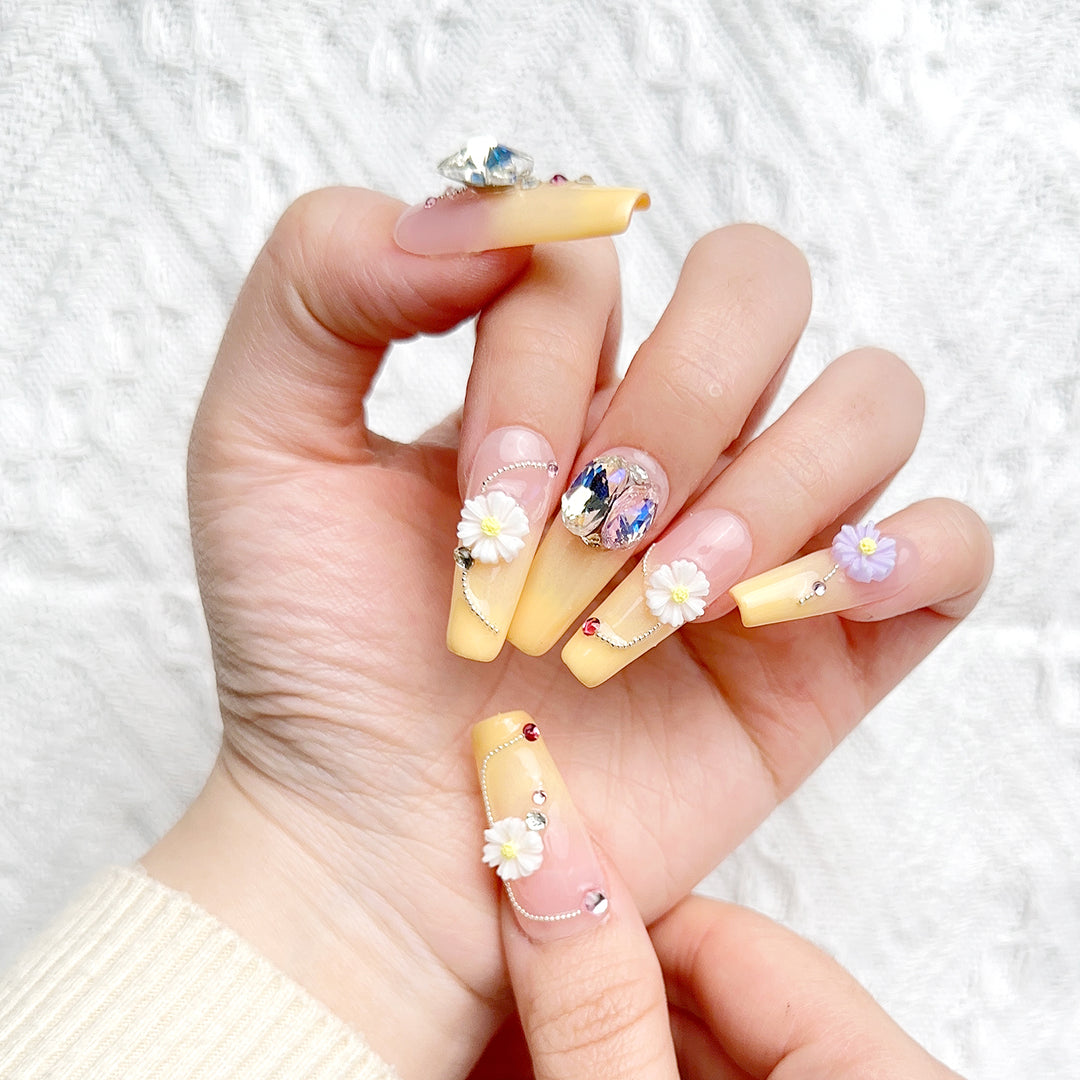Pink to Yellow Gradient With Flowers Coffin Long Press on Nails Kit ED-B4948