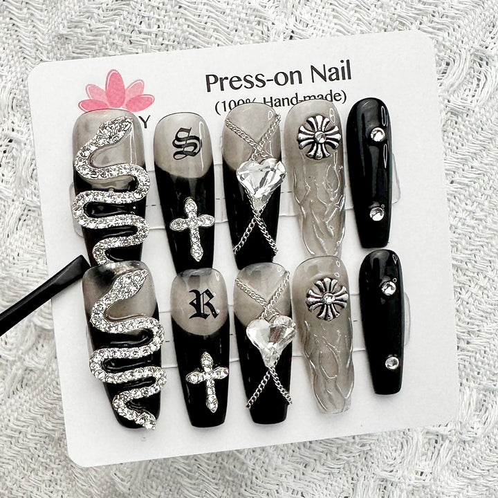 Gothic Black Diamond Snake Coffin Long Hand Painted Press on Nails Kit ED-B9127