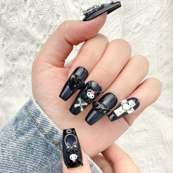 Gothic Black Cat Coffin Long Hand Painted Press on Nails Kit ED-B9130