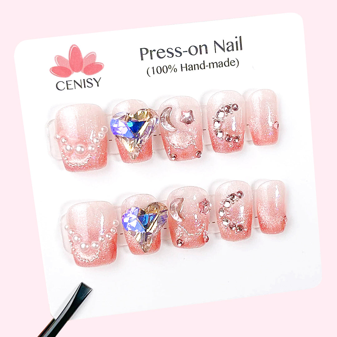 Pink With Love Moon Diamonds Cute Coffin Short Nails ED-B9150