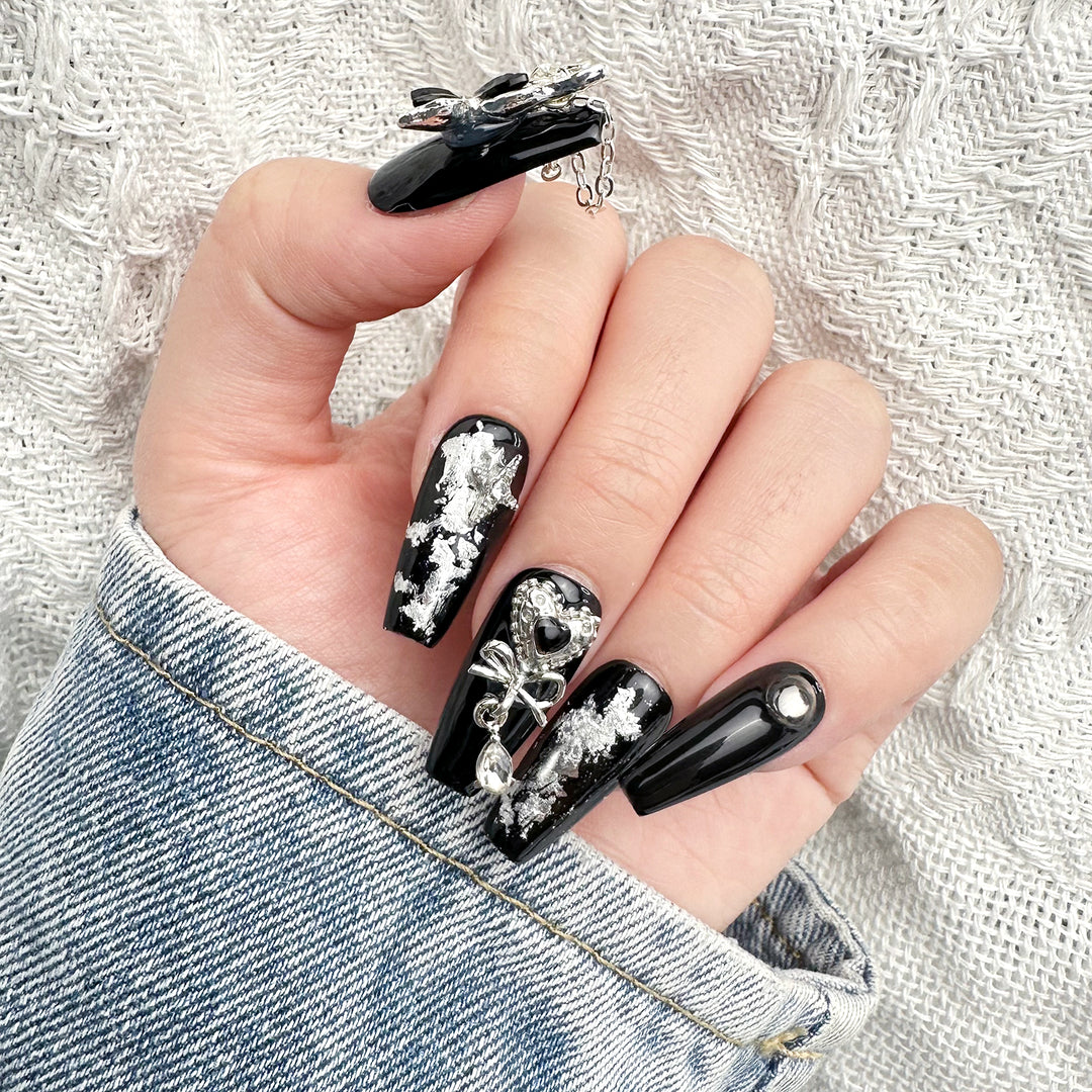 Gothic Black Butterfly Coffin Long Hand Painted Press on Nails Kit ED-B9154
