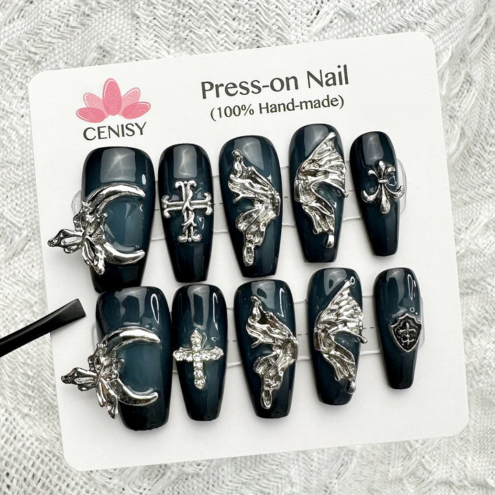 Gothic Black Cross Coffin Long Press on Nails Kit ED-B9160