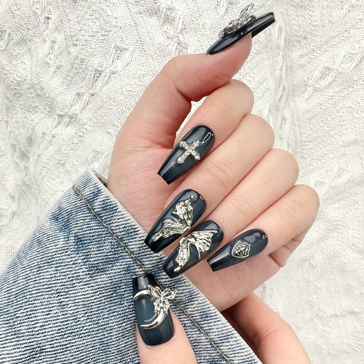 Gothic Black Cross Coffin Long Press on Nails Kit ED-B9160