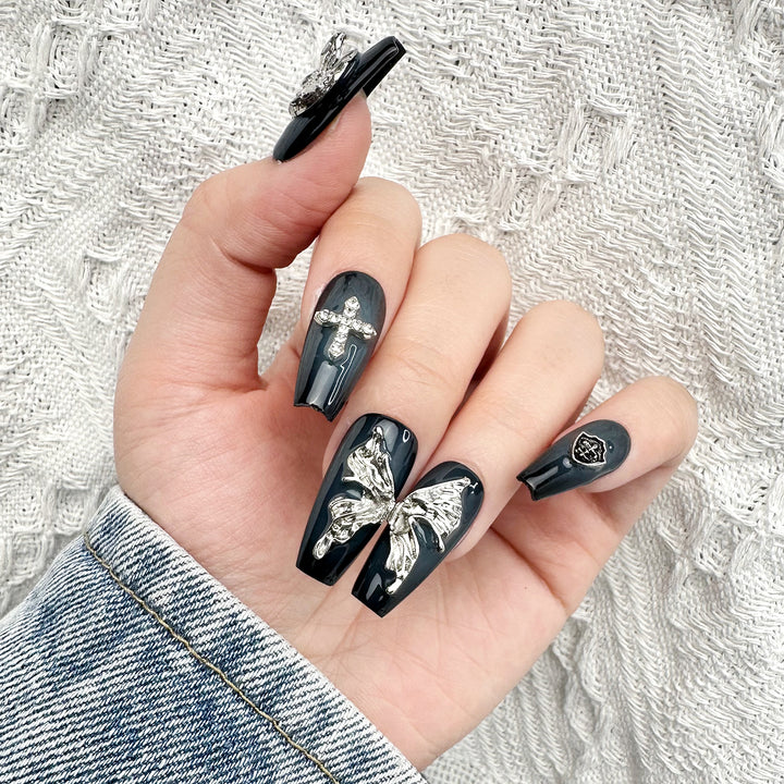 Gothic Black Cross Coffin Long Press on Nails Kit ED-B9160