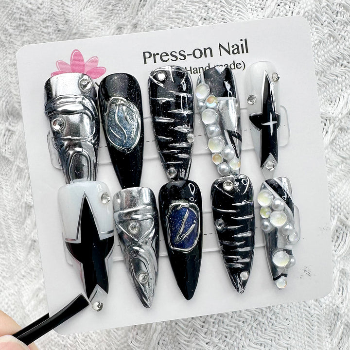 Gothic Black Star Almond Long Hand Painted Press on Nails Kit ED-B9190