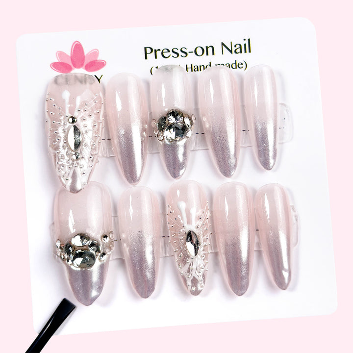 Pink Glossy Press on Nails Almond Long Mirror With Hand Drawn Butterfly ED-B9199