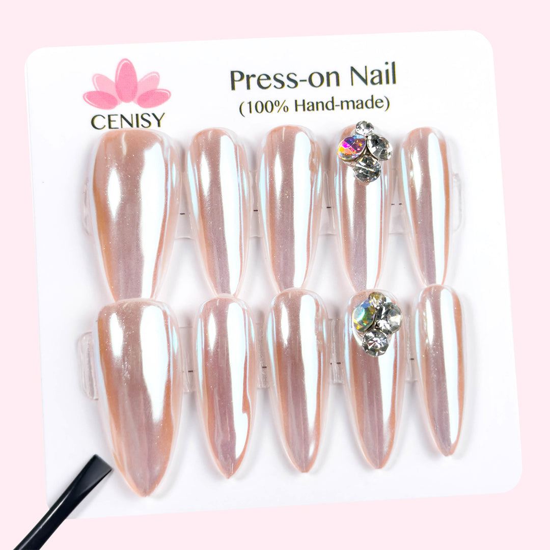 Pink Glossy Press on Nails Almond Long Aurora Mirror With Diamonds ED-B9225