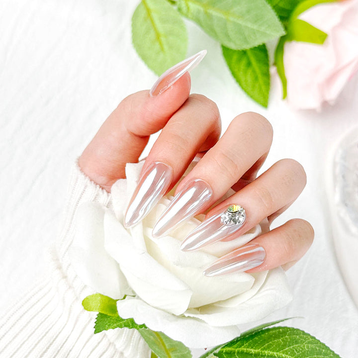 Pink Glossy Press on Nails Almond Long Aurora Mirror With Diamonds ED-B9225