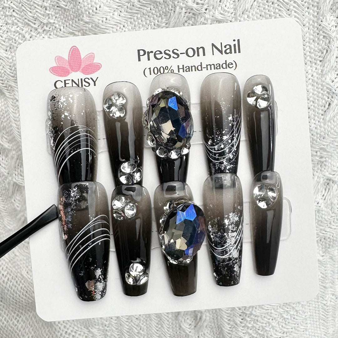 Gothic Gradient Black Coffin Long Hand Painted Stripes Press on Nails Kit ED-B9228