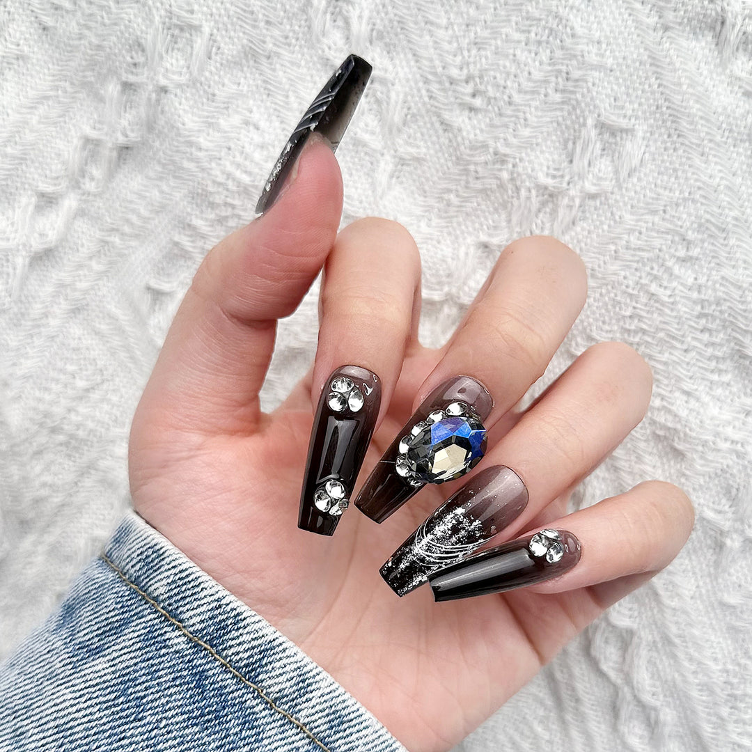 Gothic Gradient Black Coffin Long Hand Painted Stripes Press on Nails Kit ED-B9228