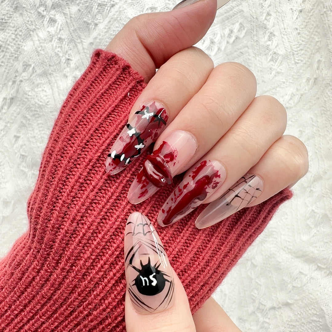 Gothic Red Almond Long Hand Painted Jump Color Nail Art Press on Nails Kit ED-B9230