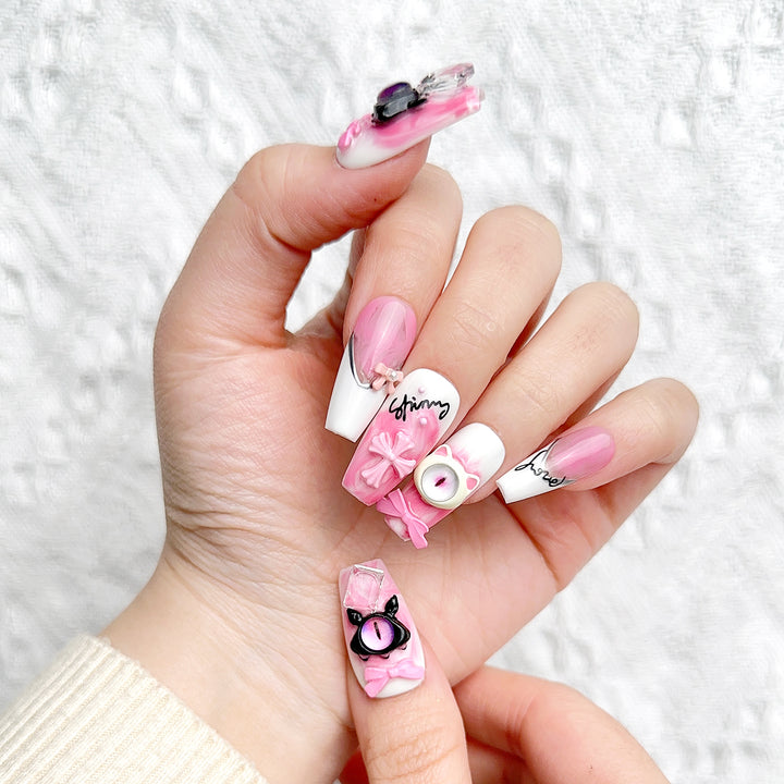 Pink Demon Eyes Coffin Long Hand Painted Cartoon Press on Nails Kit ED-B9391