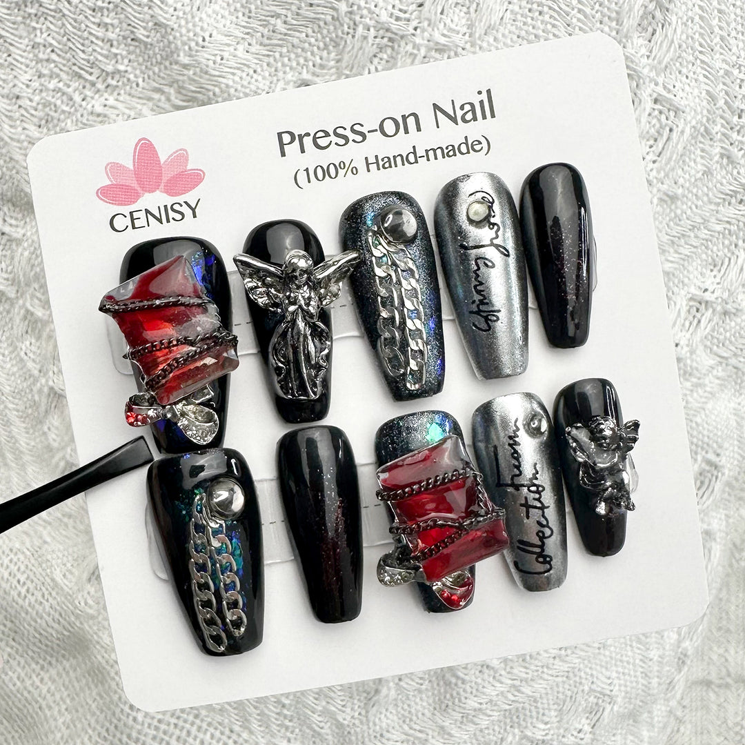 Gothic Black Coffin Long Hand Painted Angels And Diamonds Press on Nails Kit ED-C228