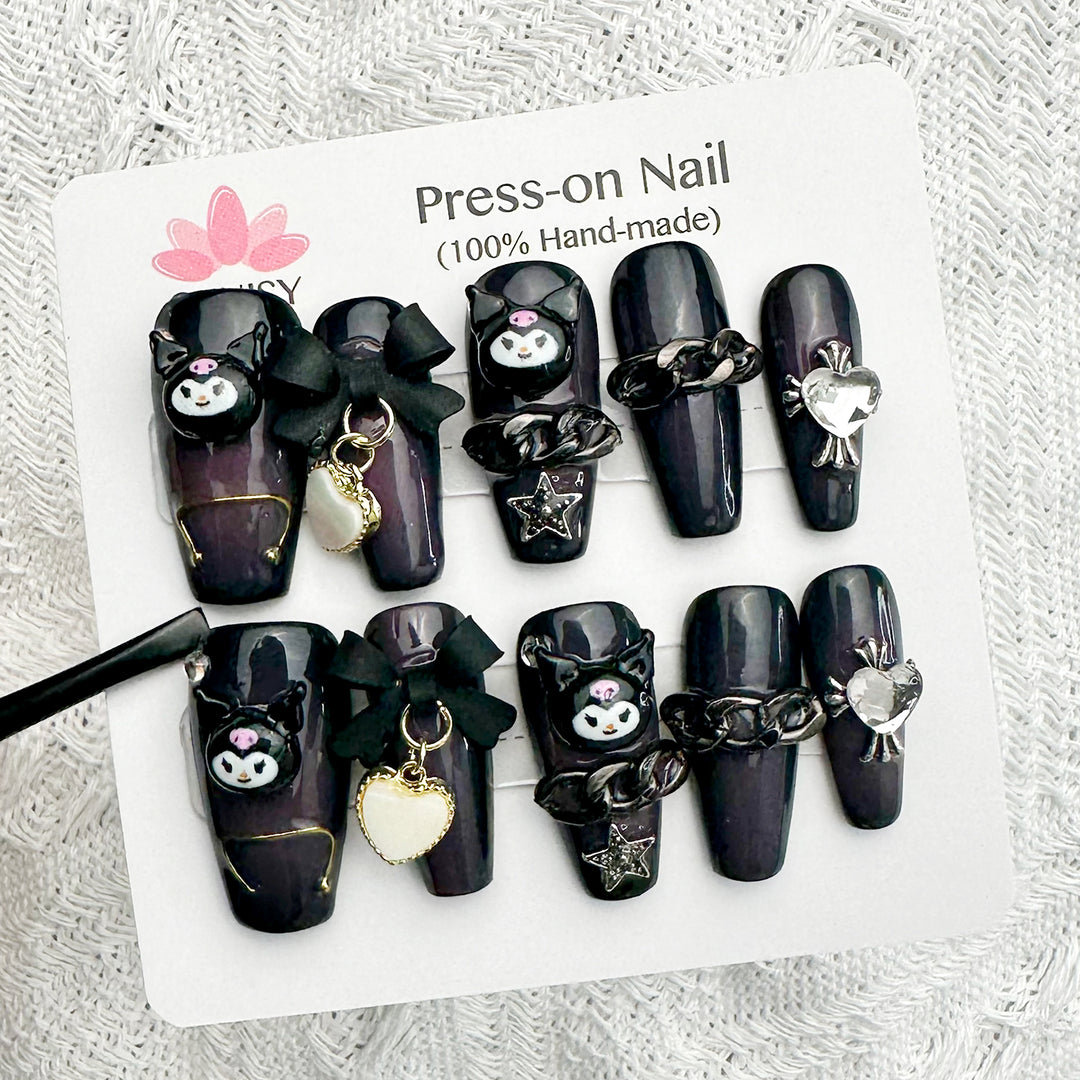 Gothic Black Cat Coffin Long Hand Painted Press on Nails Kit ED-C913