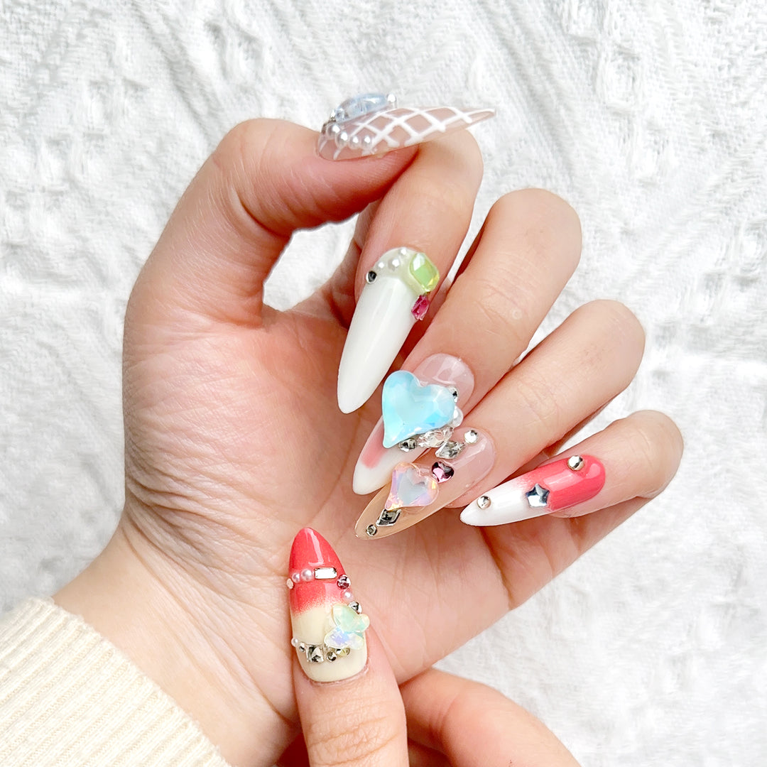 Pink & White Almond Long Hand Painted With Diamonds Press on Nails Kit ED-C916