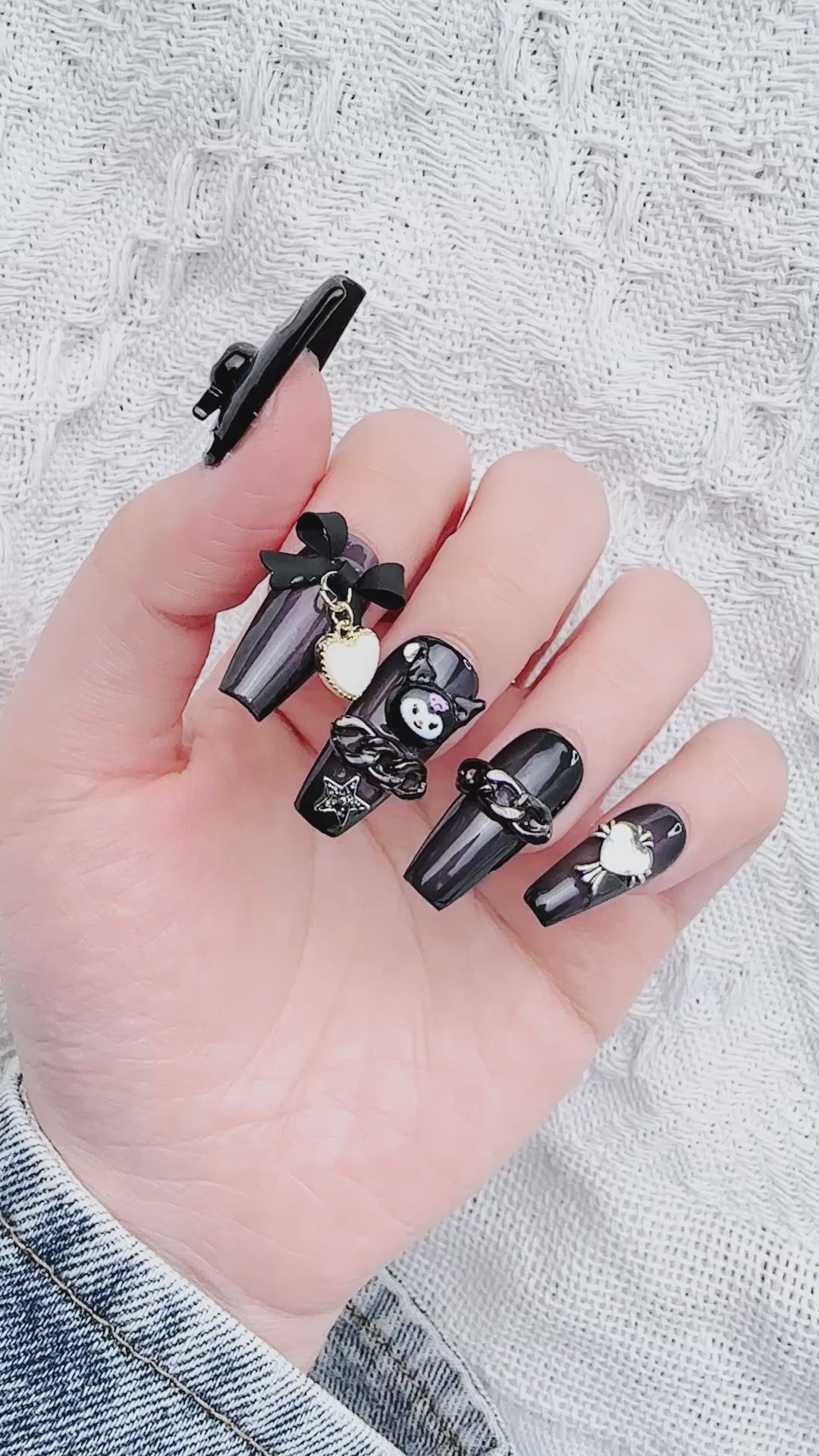 Gothic Black Cat Coffin Long Hand Painted Press on Nails Kit ED-C913