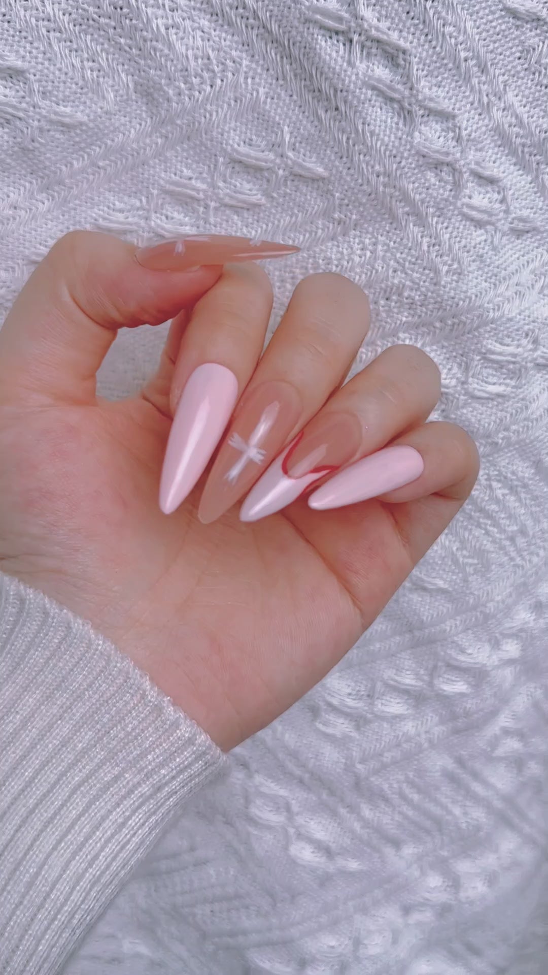 Pink & White Almond Long Hand Painted Gothic Style Press on Nails Kit ED-B4125