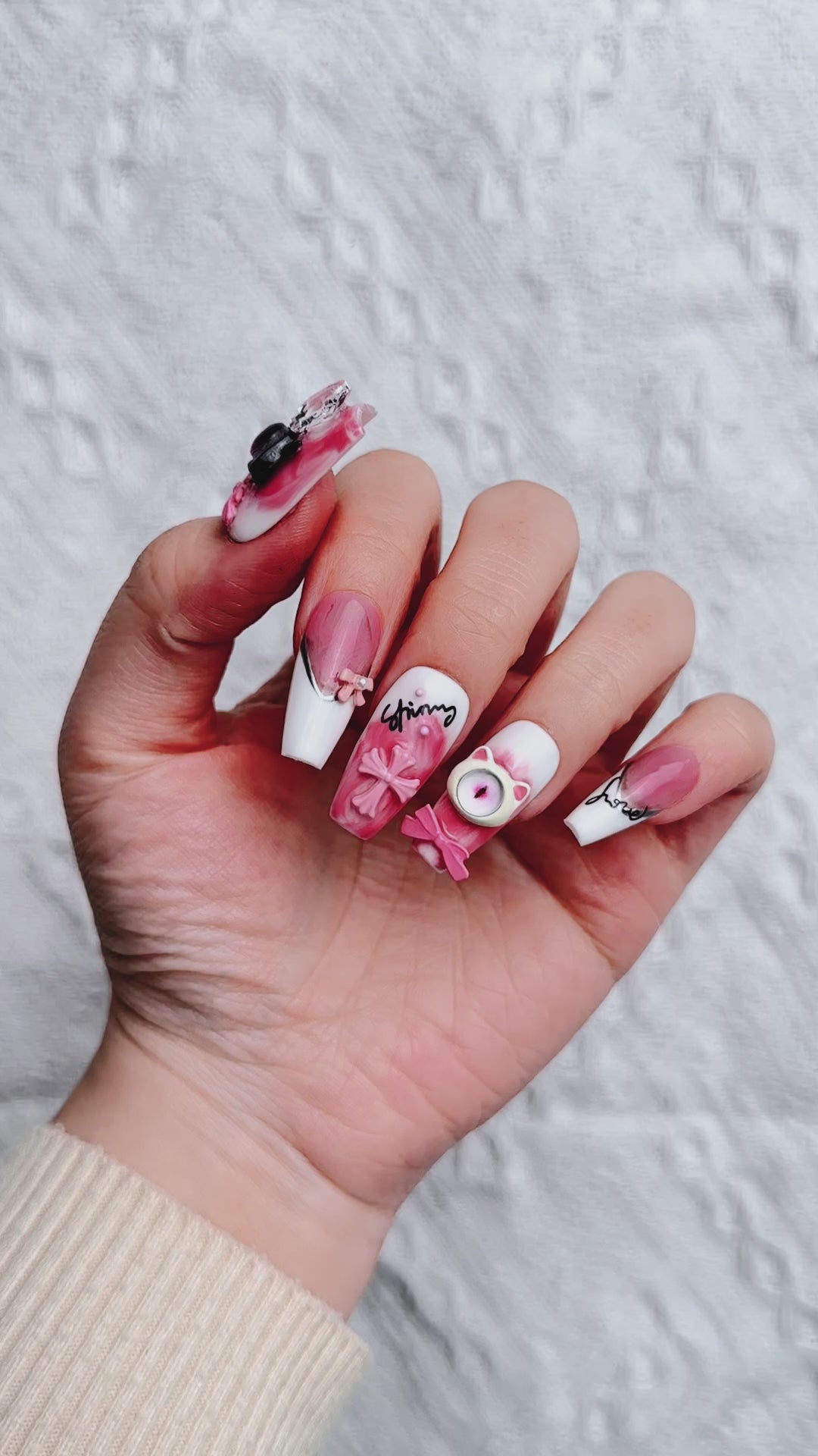 Pink Demon Eyes Coffin Long Hand Painted Cartoon Press on Nails Kit ED-B9391