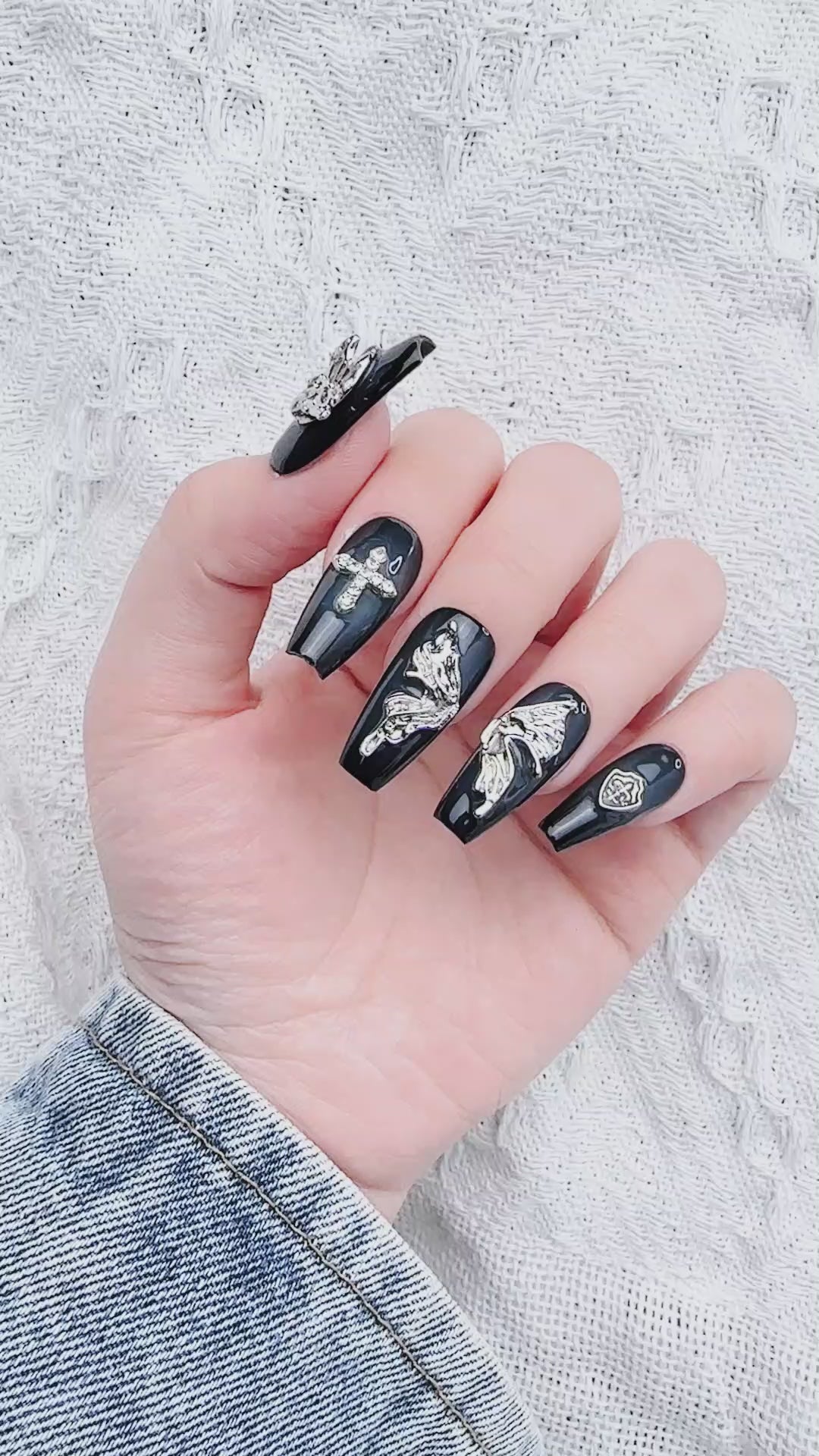 Gothic Black Cross Coffin Long Press on Nails Kit ED-B9160