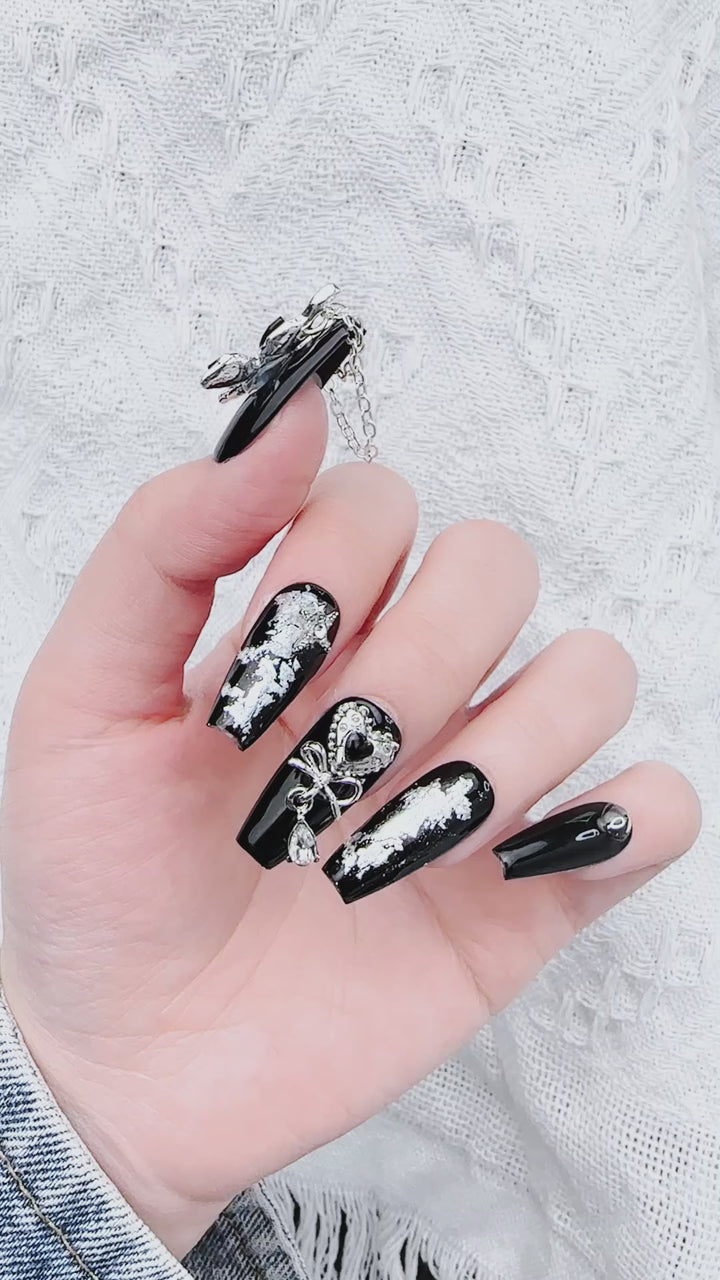 Gothic Black Butterfly Coffin Long Hand Painted Press on Nails Kit ED-B9154