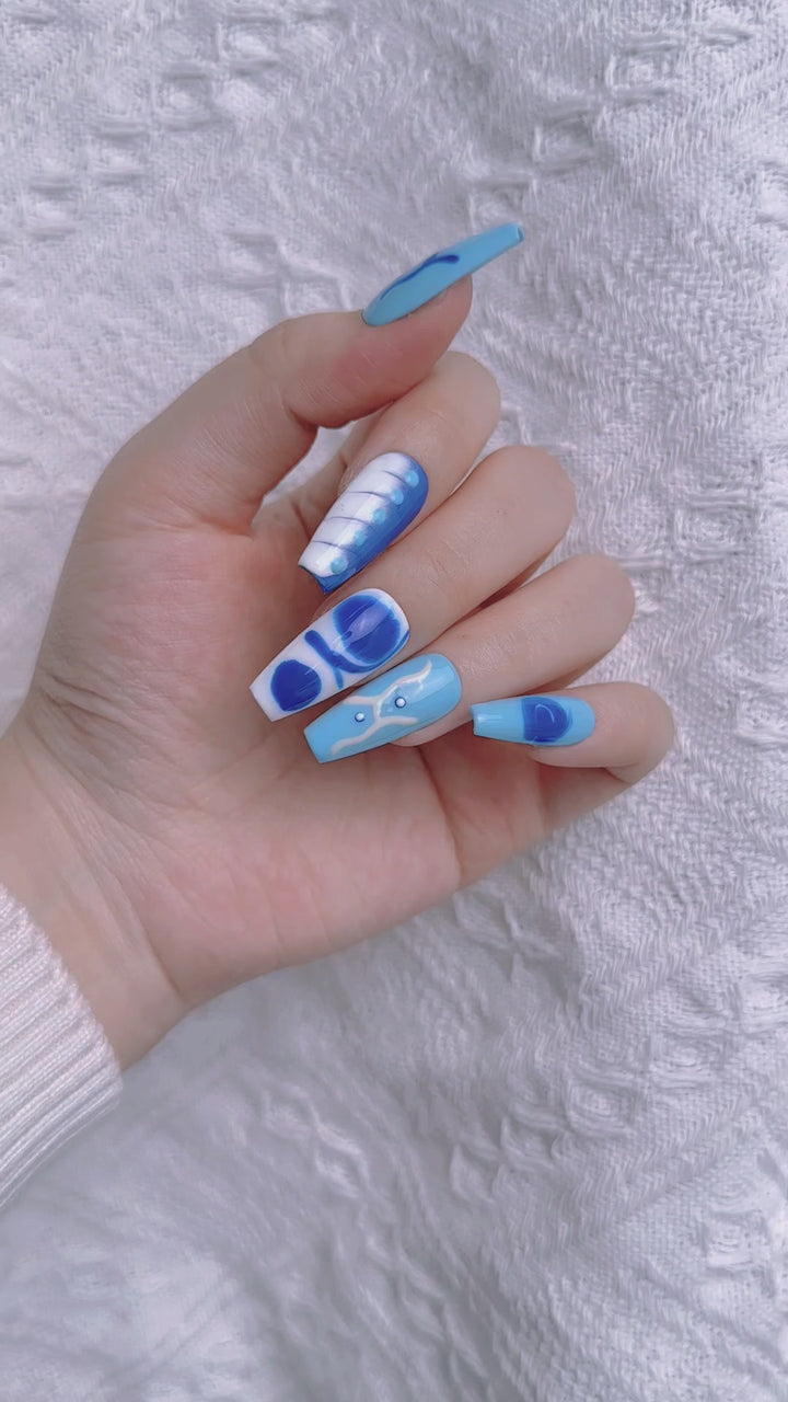 Blue Hand Painted Coffin Long Easter Press on Nails Kit ED-B4392