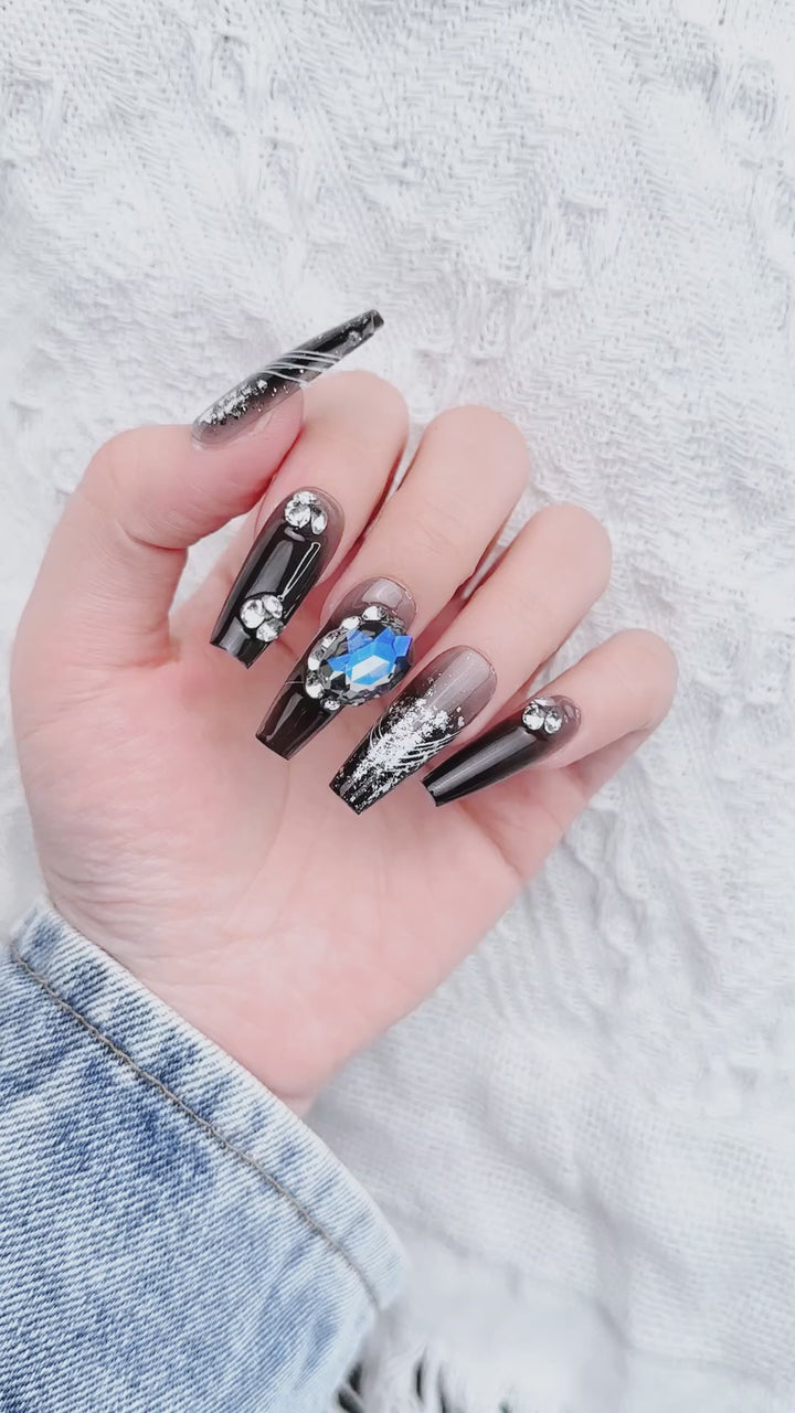 Gothic Gradient Black Coffin Long Hand Painted Stripes Press on Nails Kit ED-B9228