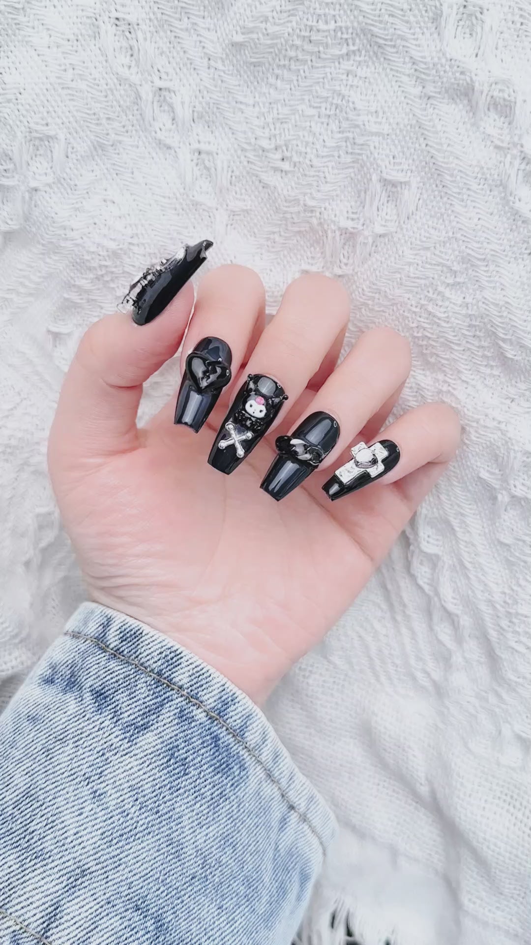 Gothic Black Cat Coffin Long Hand Painted Press on Nails Kit ED-B9130