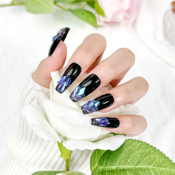 Black With Blue Aurora Onlay Coffin Long ED-A6101