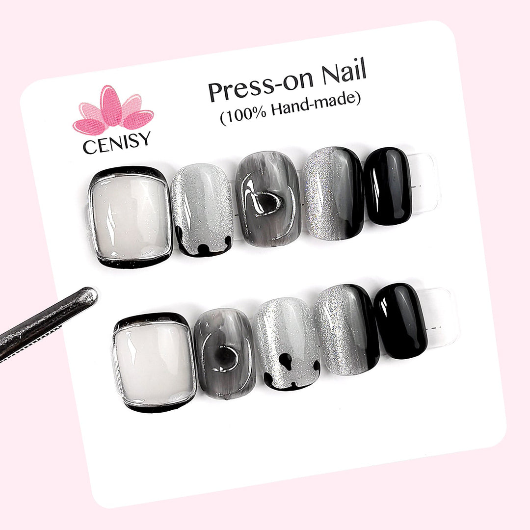Black Ombre Cat Eye Squoval Press on Nails Short ED-A9226