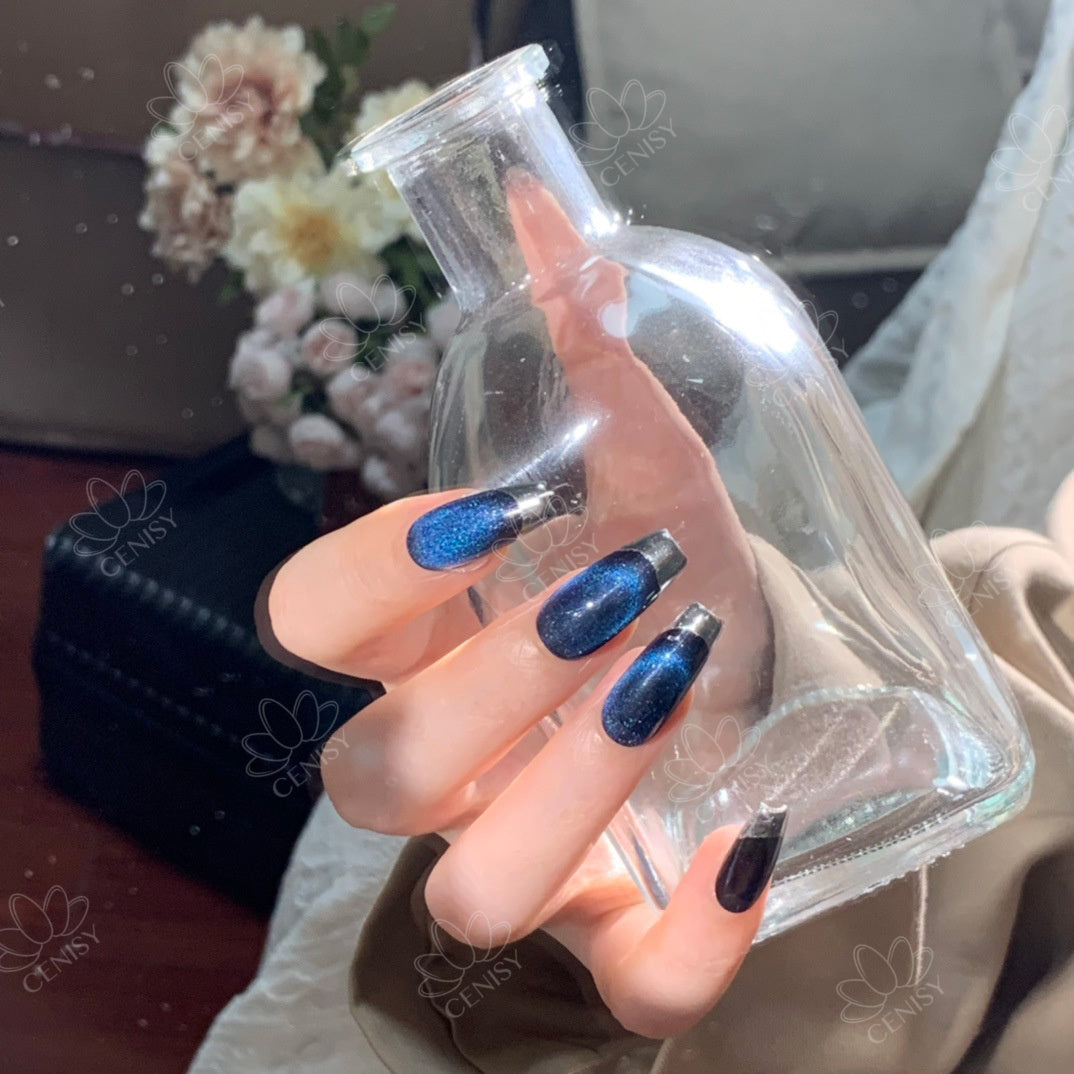 Blue With Silver French Cat Eye Coffin Long ED-B4563
